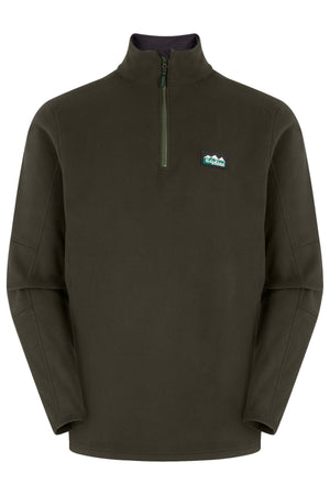 The Ridgeline Narvik Fleece is a dark green, lightweight pullover featuring a half-zip front, stand-up collar, long sleeves, and a mountain patch on the chest for outdoor performance in a simple, clean design.