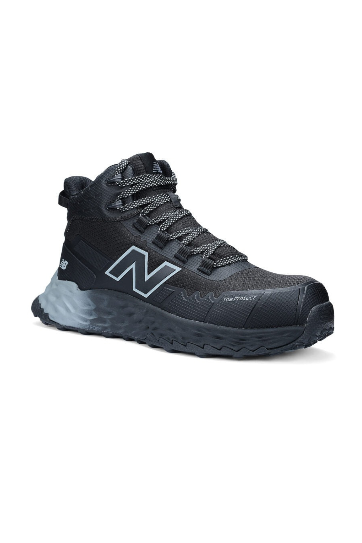 The New Balance Cremorne Mid Safety Shoe is a black, high-top athletic safety shoe featuring patterned laces, a textured slip-resistant sole, a large "N" logo on the side, and "Toe Protect" text near the toe area.