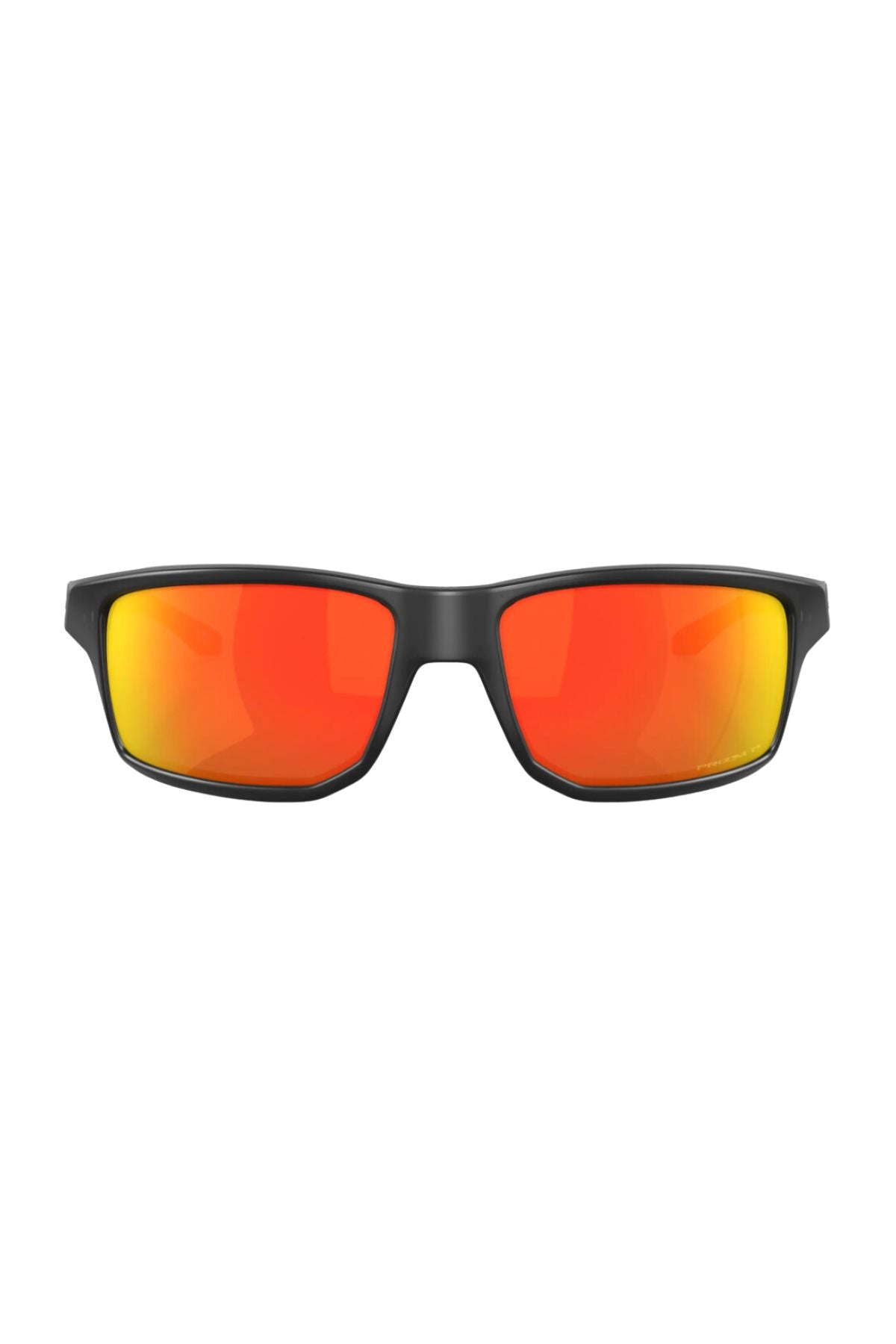 A pair of Oakley Gibston Polarized sunglasses featuring black rectangular frames and bright orange-red Prizm lenses, displayed against a white background.