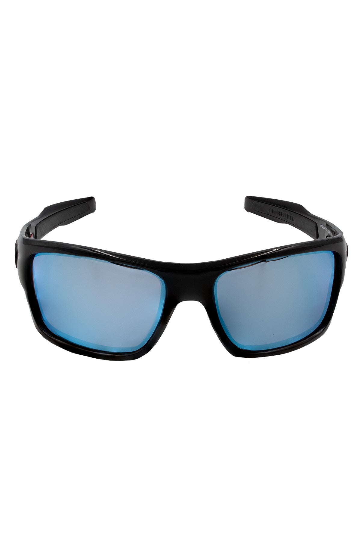 A pair of Oakley Turbine sunglasses featuring black frames and blue-tinted rectangular lenses, displayed against a white background.