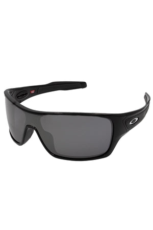 The Oakley Turbine Rotor sunglasses feature a black wraparound frame, dark-tinted lenses, and a small white "O" logo on the arms, shown from a front-side angle against a white background.