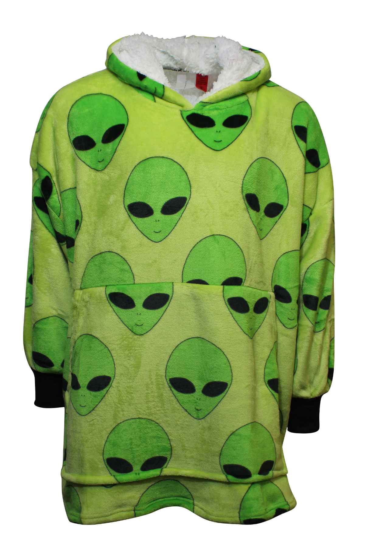 Uncover the Odyssey Adult Snoogie: a green hoodie with cheerful alien faces featuring black eyes. Made from soft polyester sherpa, it includes a kanga pocket and fuzzy white hood lining for ultimate comfort.