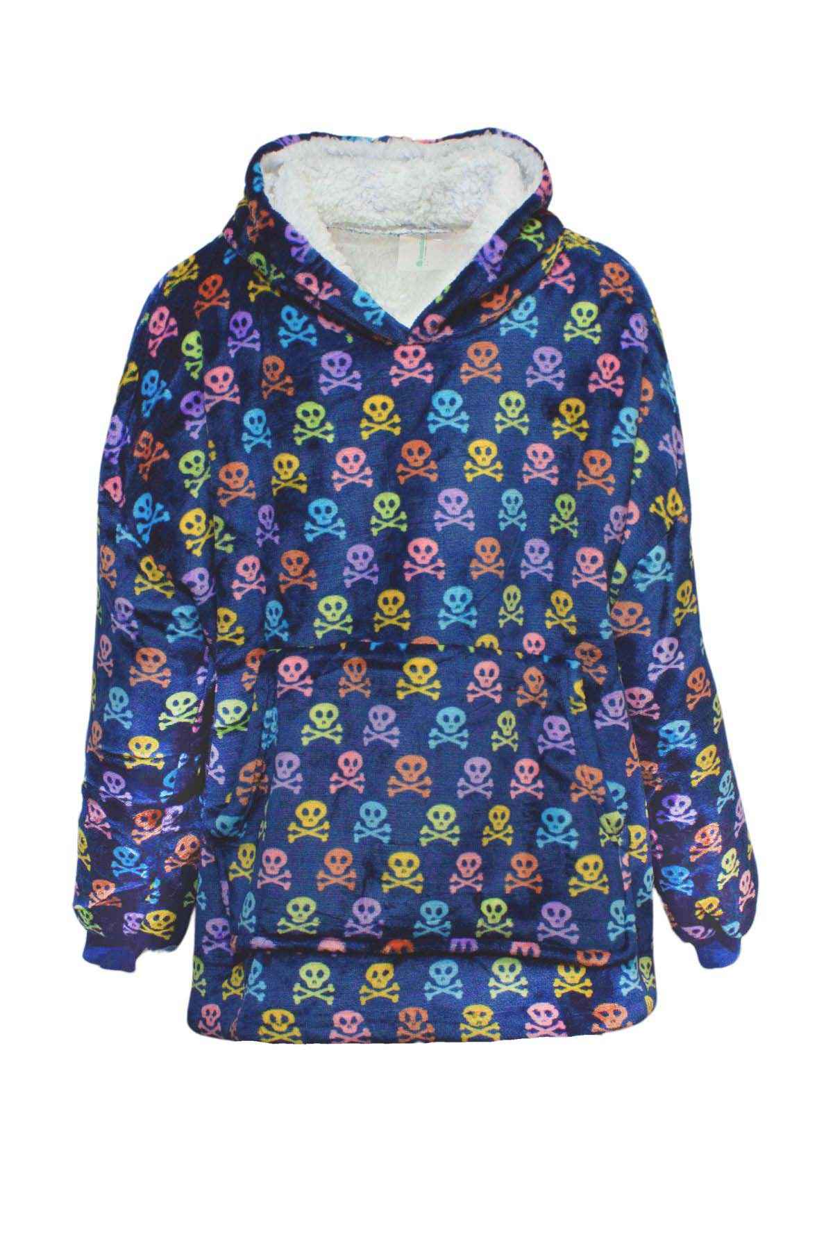 Introducing the Odyssey Kids Snoogie: a cozy blanket with vibrant red, green, blue, pink, and yellow skull and crossbones on a dark blue backdrop. It features soft white sherpa lining and a handy kanga pocket for added flair.