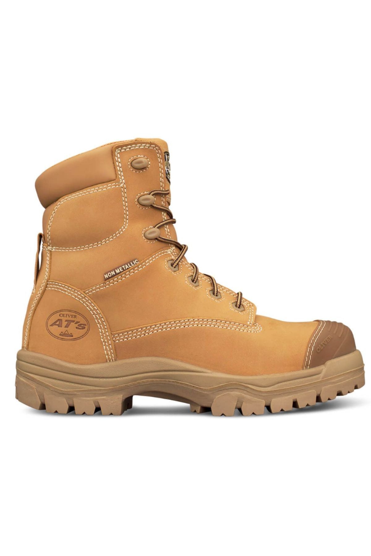The Oliver AT Composite Toe Zip Side Boot 45632Z features tan leather, a padded collar, reinforced composite toe, rugged slip-resistant sole, metal eyelets, and detailed stitching. Shown in side profile against a white background.