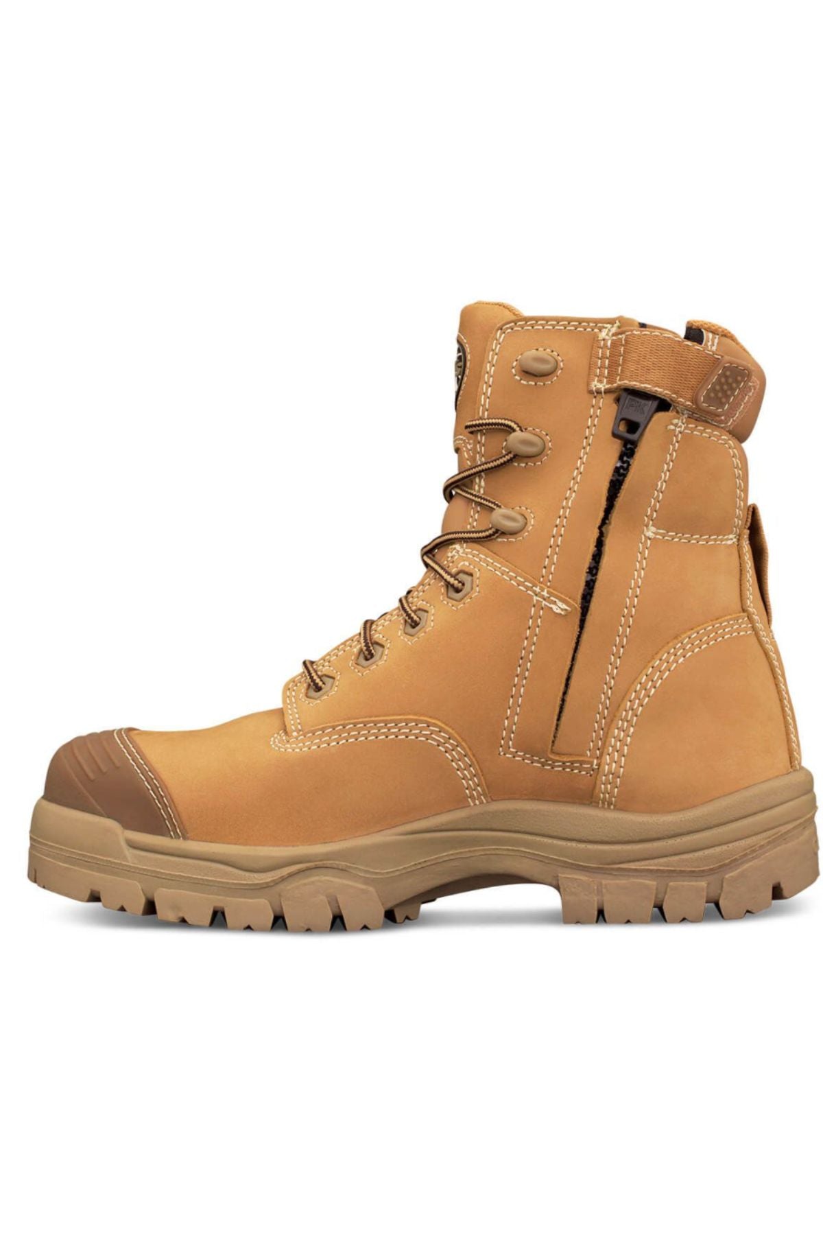 The Oliver AT Composite Toe Zip Side Boot 45632Z is shown from the side on a white background, featuring a tan color, slip-resistant sole, black laces, metal eyelets, reinforced composite toe, side zipper, and white stitching.