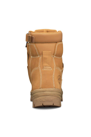The Oliver AT Composite Toe Zip Side Boot 45632Z, shown from the back, features tan slip-resistant styling with visible stitching, padded collar, pull tab, "Oliver" branding on the heel, and a rugged rubber sole.