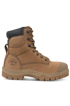 The Oliver AT Zip Sided Boot 45652Z is a tan high-top work boot with a black padded collar, rugged sole, lace-up front, zip side, and reinforced composite safety toe, shown in side profile on a white background.