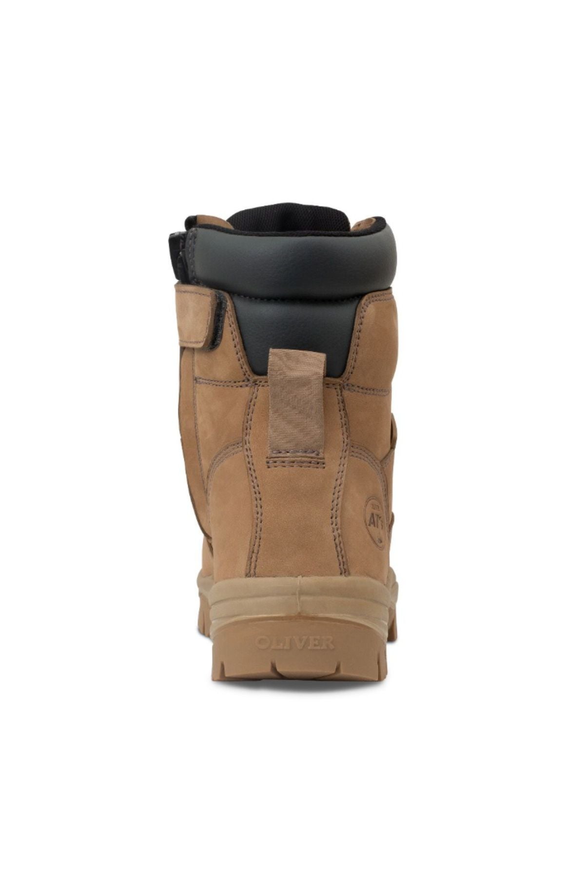 The Oliver AT Zip Sided Boot 45652Z is a tan work boot seen from the back, with a black padded collar, stitched detailing, pull loop, and "OLIVER" embossed on the outsole—ideal for those needing tough composite toe footwear.