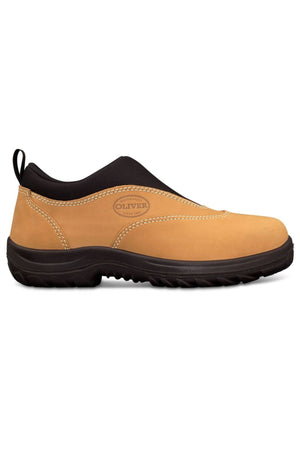 The Oliver Sports Slip-On Safety Shoe is a tan slip-on with a black sole and black collar accentuated by visible stitching. It features a loop at the back for easy wear, and the brand name "OLIVER" is stamped on the side in an oval shape. Made of water-resistant leather and equipped with a steel safety toe cap, this shoe seamlessly blends style and protection.