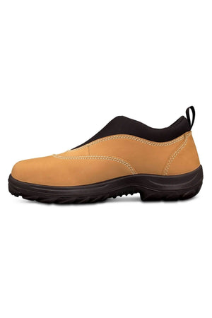 The Oliver Sports Slip On Safety Shoe is a tan slip-on shoe with a black elastic ankle and a black rubber sole. It features water-resistant leather, white stitching accents, and a convenient pull tab at the back. Designed for comfort and casual use, it also incorporates a steel safety toe cap for added protection.
