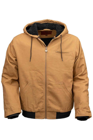 The Outback Canvas Sawbuck Hoodie features a tan water-resistant fabric, front zipper, two side pockets, chest pocket, black cuffs and drawstrings, and a black fleece-lined hood for added protection.
