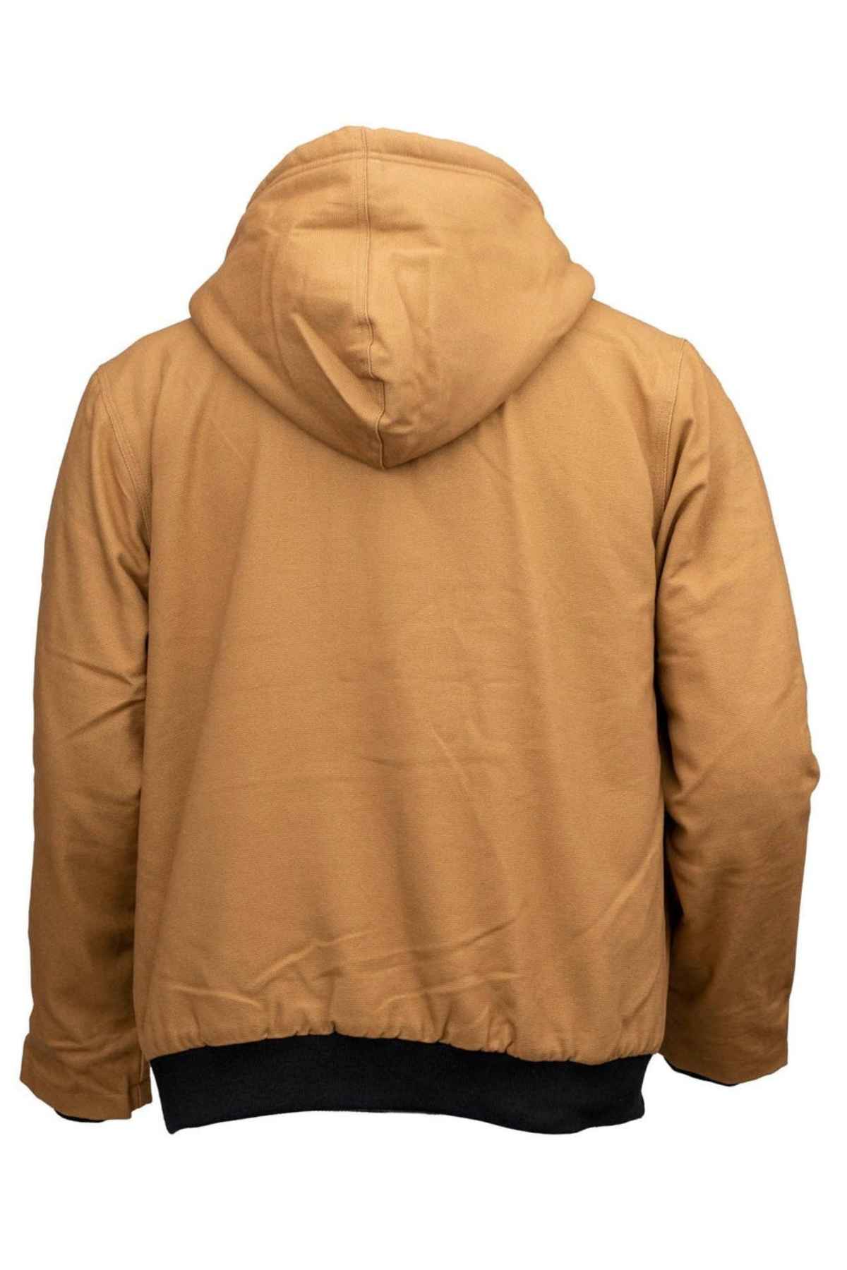 The Outback Canvas Sawbuck Hoodie in tan is a relaxed-fit, long-sleeve jacket shown from the back. It features durable water-resistant canvas and a dark waistband at the hem for added style.