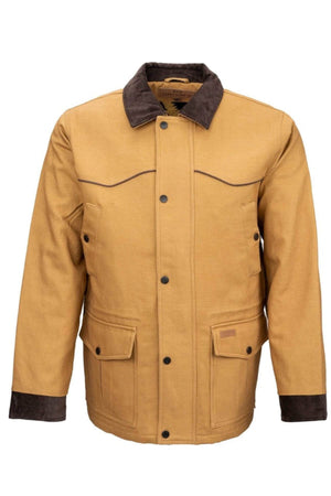 The Outback Cattleman Jacket is the perfect outdoor companion, featuring a tan exterior with a brown collar and pocket accents, a button-up front, two chest pockets, and two larger waist pockets. Its simple yet rugged design suits any adventure.