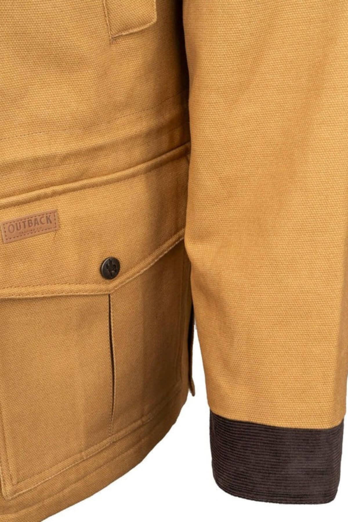 The Outback Cattleman Jacket highlights a close-up of the sleeve with a dark brown cuff, featuring textured fabric and a buttoned pocket labeled "Outback," making it ideal for any adventure.
