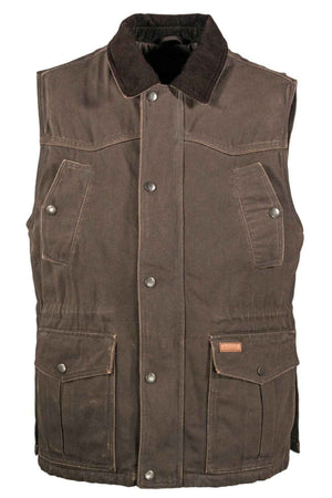 The Outback Cattleman Vest is a brown, sleeveless garment featuring multiple pockets and a front button closure. It includes a dark brown collar for added style. This durable outdoor vest offers two chest pockets with snap button flaps and two lower front pockets with snap button closures, embodying a rugged and functional design.