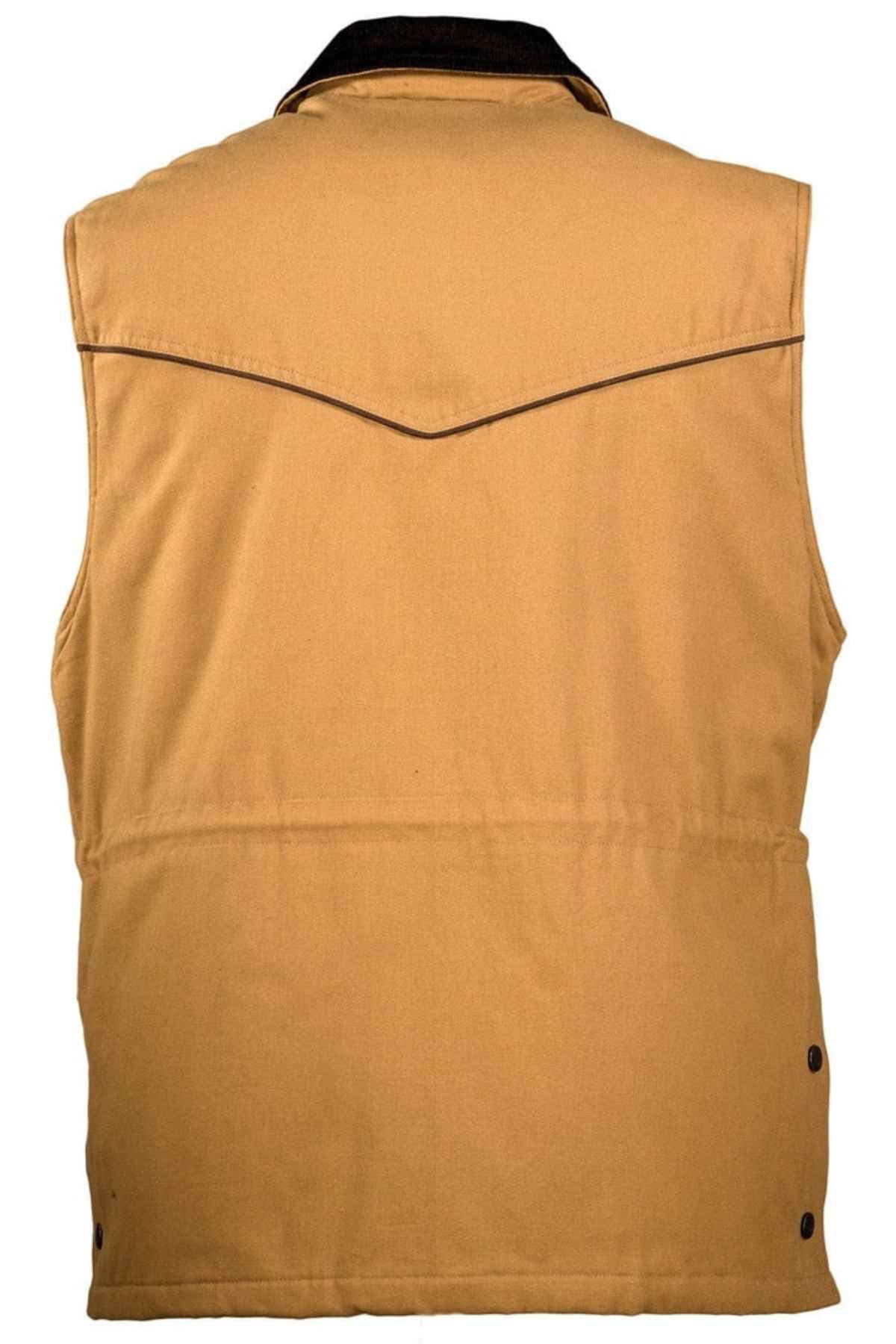 The image displays the back view of an Outback Cattleman Vest in a tan or beige color. This vest boasts a pointed yoke design on the upper back, complemented by black piping along the yoke. Crafted from machine washable cotton fabric, it is durable and perfect for outdoor enthusiasts or work use.