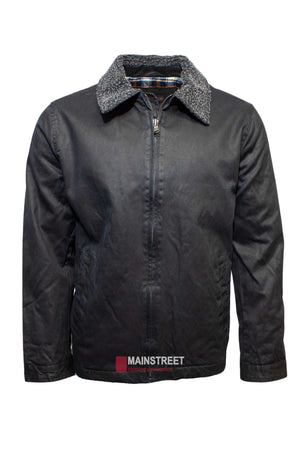 The Outback Heritage Jacket features a black zip front, side pockets, gray sherpa-lined collar, plaid inner lining, and MAINSTREET Clothing Collection logo at the bottom center—perfect for outdoor adventures.