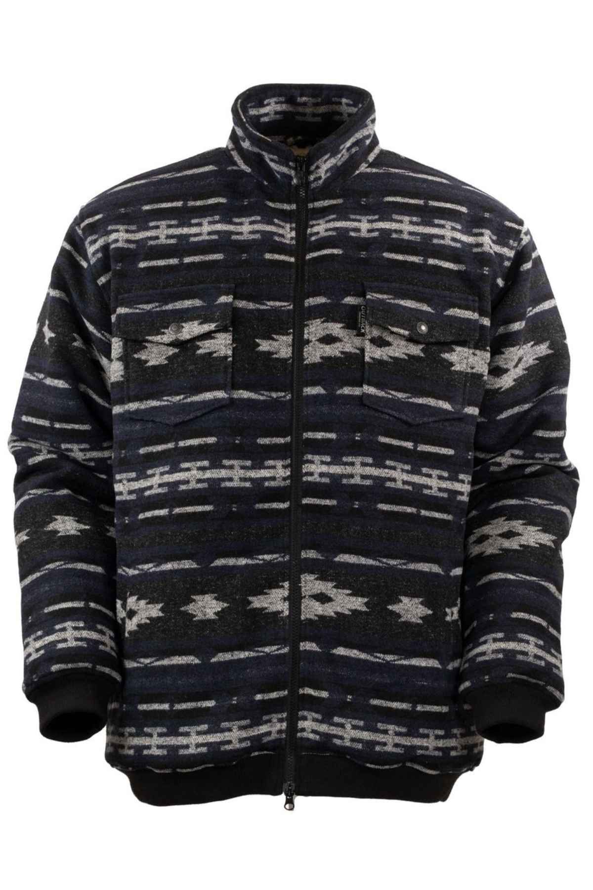 The Outback Marc Jacket is a dark, geometric-patterned fleece with a brushed shell and berber lining. It features a high collar, 2-way zipper, and horizontal motifs in gray and black, complemented by two chest pockets, one with a flap.