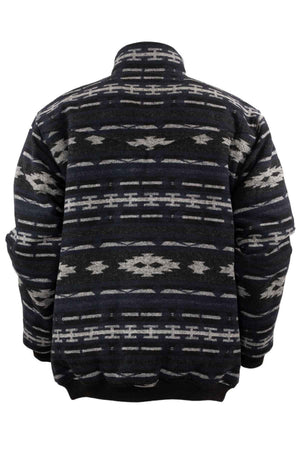 The Outback Marc Jacket features a gray and white geometric pattern on the back with horizontal lines, diamonds, and abstract shapes. It includes a cozy brushed shell, berber lining, high collar for warmth, and a versatile 2-way zipper.