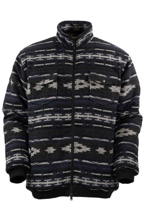 The Outback Marc Jacket is a dark, geometric-patterned fleece with a brushed shell and berber lining. It features a high collar, 2-way zipper, and horizontal motifs in gray and black, complemented by two chest pockets, one with a flap.