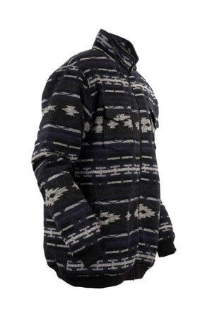 The Outback Marc Jacket features a tribal-inspired black and grey geometric design, crafted with a brushed shell, Berber lining, high collar, front pockets, and a 2-way zipper for versatile use.