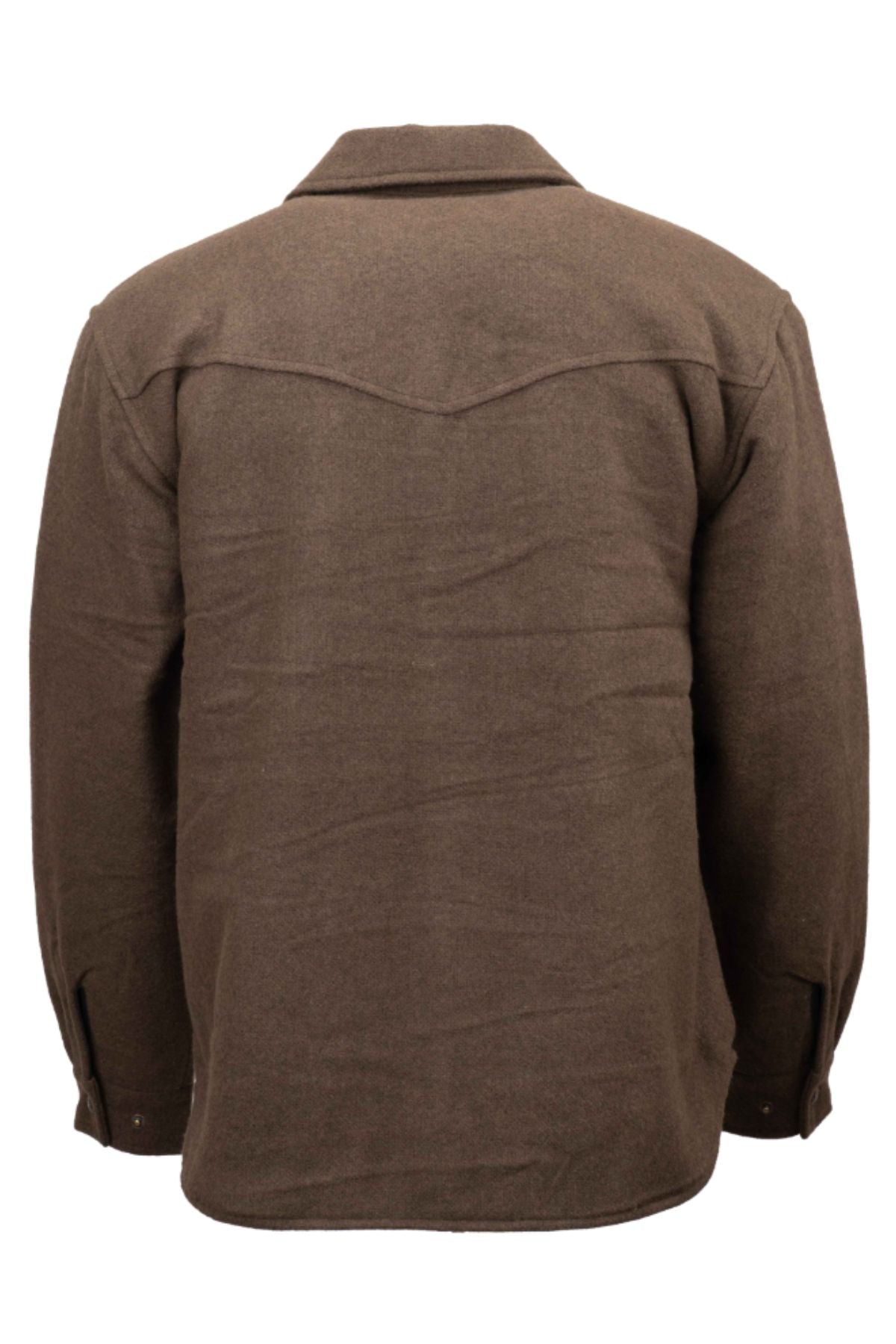Back view of the Outback Phoenix Jacket, a long-sleeved brown wool design featuring a pointed yoke, button cuffs, and fold-over collar. Inspired by rugged functionality, it's ideal for tough Australian conditions.
