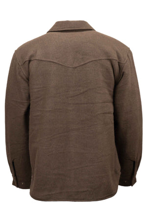Back view of the Outback Phoenix Jacket, a long-sleeved brown wool design featuring a pointed yoke, button cuffs, and fold-over collar. Inspired by rugged functionality, it's ideal for tough Australian conditions.