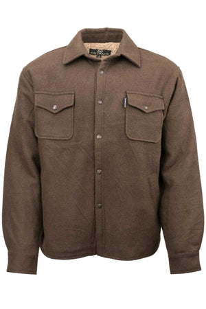 The Outback Phoenix Jacket is a brown long-sleeve button-up with two chest pockets and a collar, built for rugged Australian conditions. Shown on a plain white background.