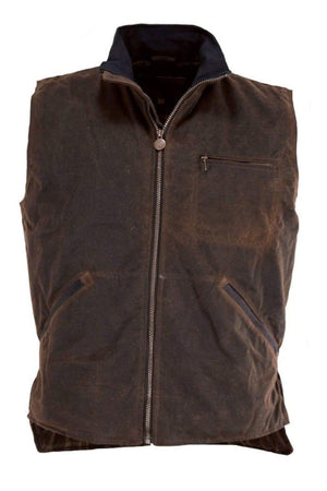The Outback Sawbuck Canyonland Vest is a brown, sleeveless, zip-up oilskin vest with a high collar, two slanted side pockets, and a zippered chest pocketβideal for outdoor adventures. Shown on a white background.