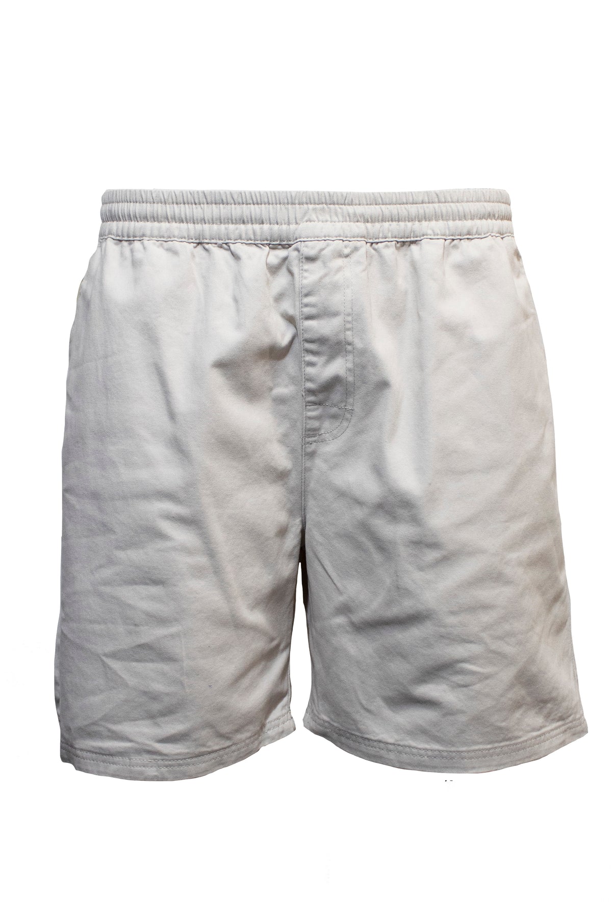 The Pilgrim Twill Rugger Short, made of cotton with an elastic waistband, is shown against a plain white background. The lightweight fabric is slightly wrinkled, emphasizing comfort and an ideal fit for casual wear.