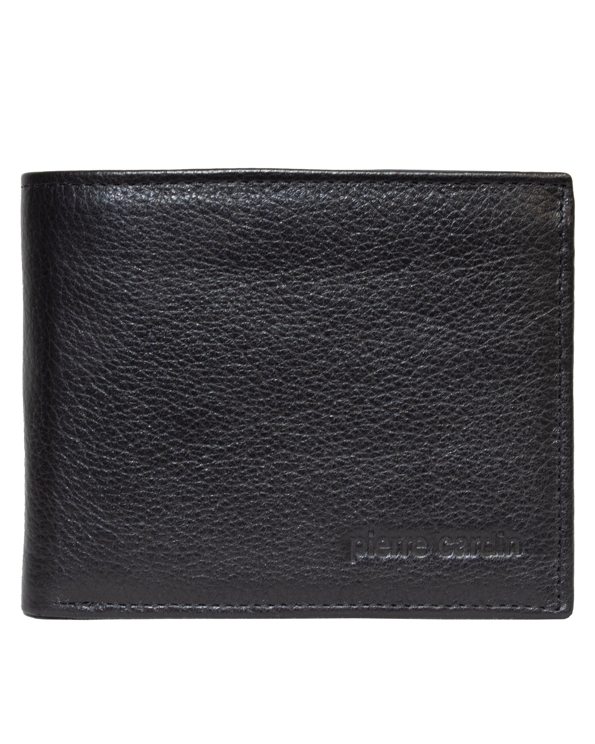 The Pierre Cardin Leather Wallet features genuine black Italian leather, a textured surface, RFID protection, and an embossed brand name in the bottom right corner.
