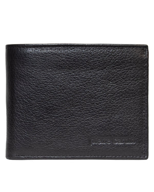 The Pierre Cardin Leather Wallet features genuine black Italian leather, a textured surface, RFID protection, and an embossed brand name in the bottom right corner.
