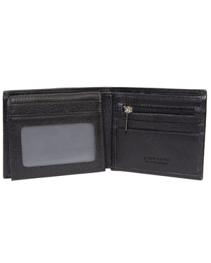 The Pierre Cardin Leather Wallet is crafted from genuine Italian leather and includes an ID window, zippered coin pocket, embossed interior text, and built-in RFID protection.
