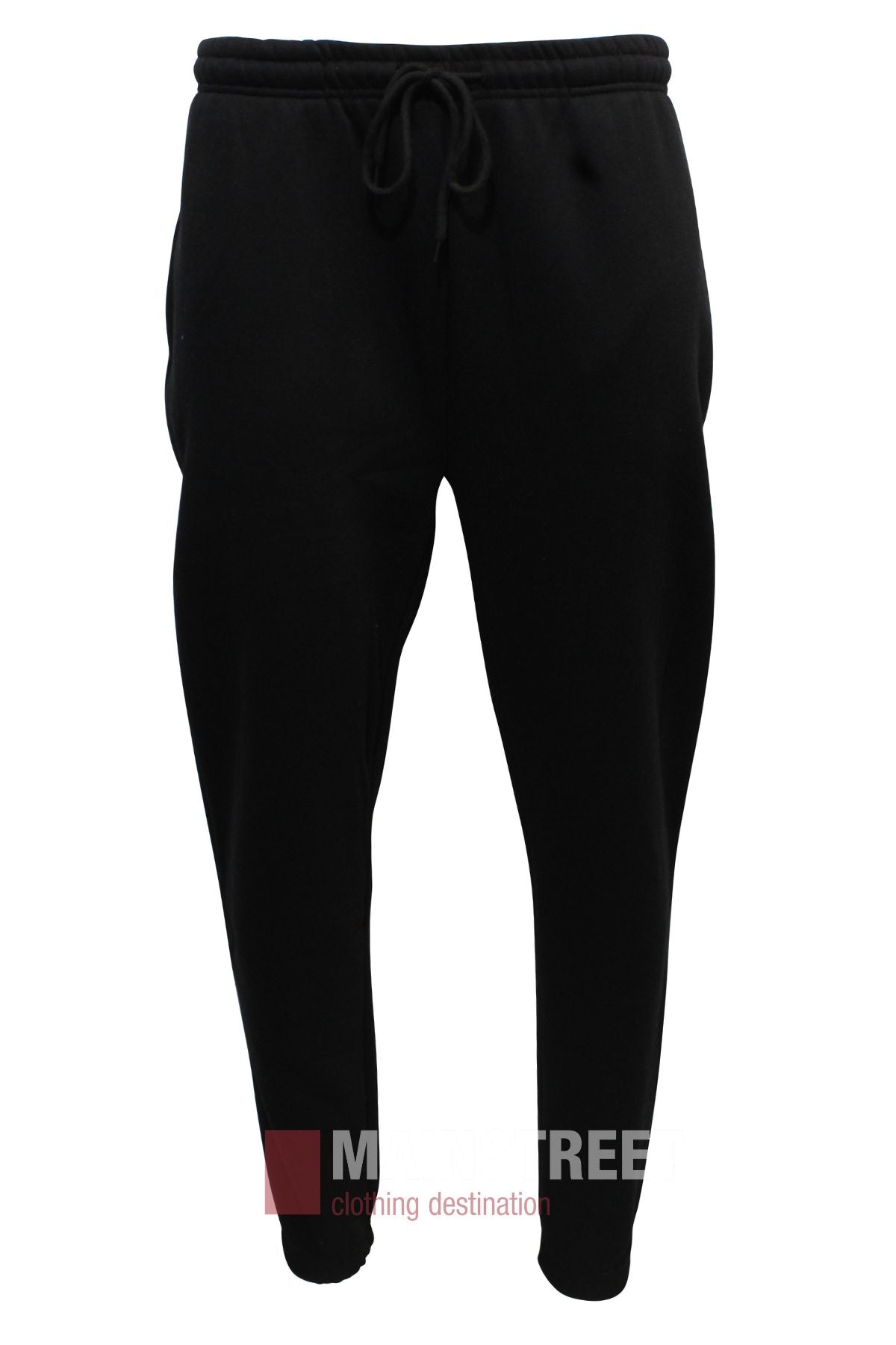 Pilgrim Fleece Trackpant Elastic Cuff in black, featuring an elastic waist, drawstring, and side pockets, shown against a white background.