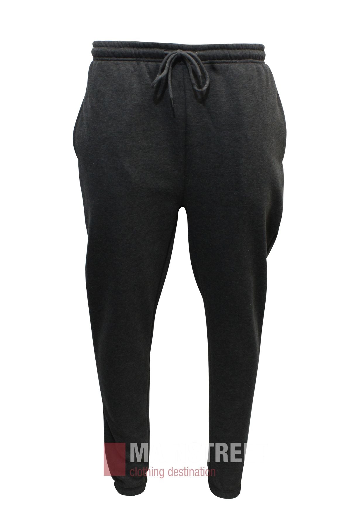 The Pilgrim Fleece Trackpant Elastic Cuff in dark gray features an elastic waist, adjustable drawstring, side pockets, and tapered legs, shown against a white background.