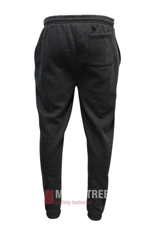 Back view of Pilgrim Fleece Trackpant Elastic Cuff in dark gray, featuring an elastic waist, single right back pocket, tapered legs, and a partially visible Mainstreet Clothing logo at the cuff.