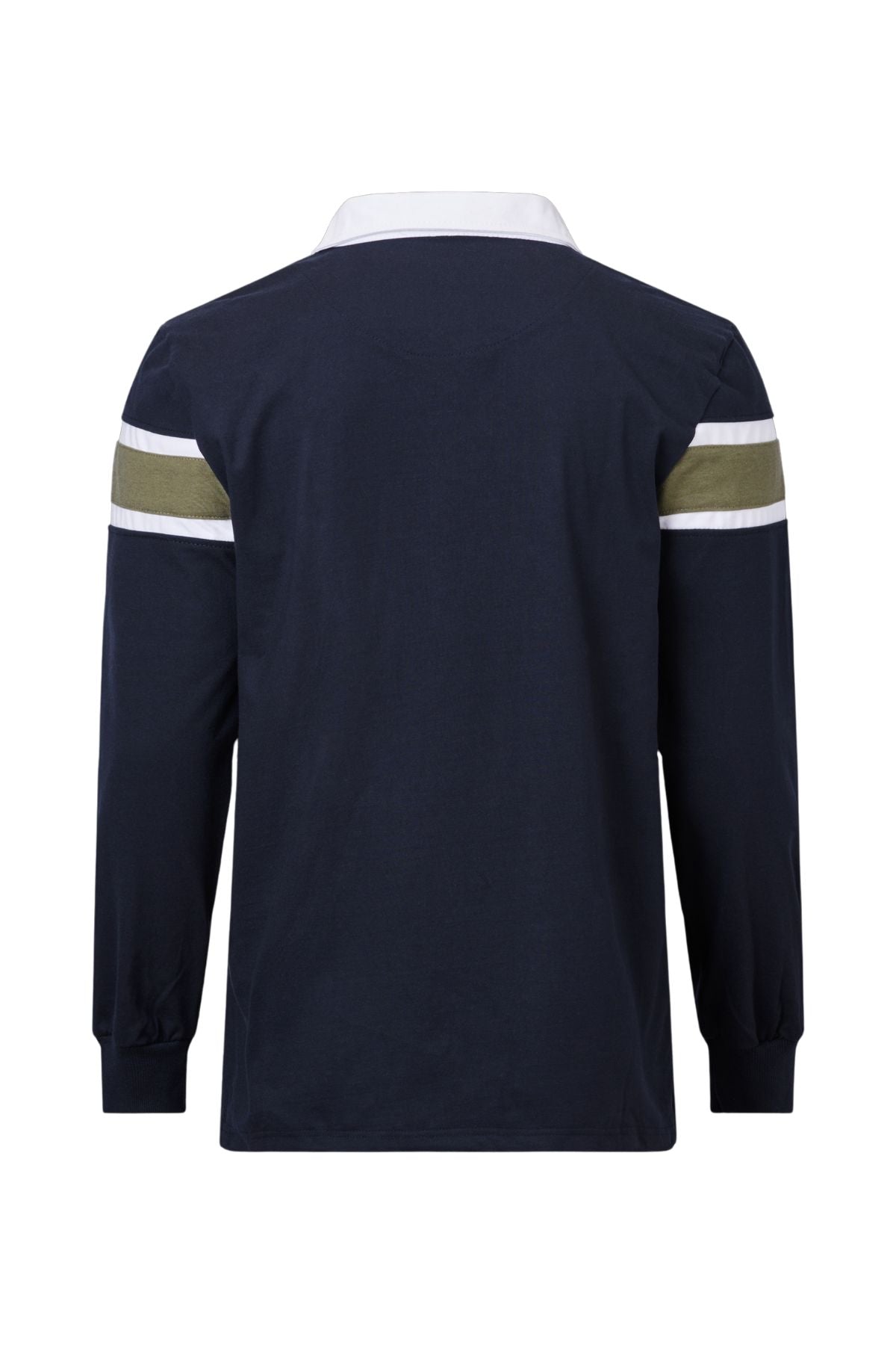 The Pilgrim Rugby Top is a vintage-inspired, long-sleeve dark navy shirt with a white collar and white and olive green horizontal stripes on the upper sleeves, shown from the back.