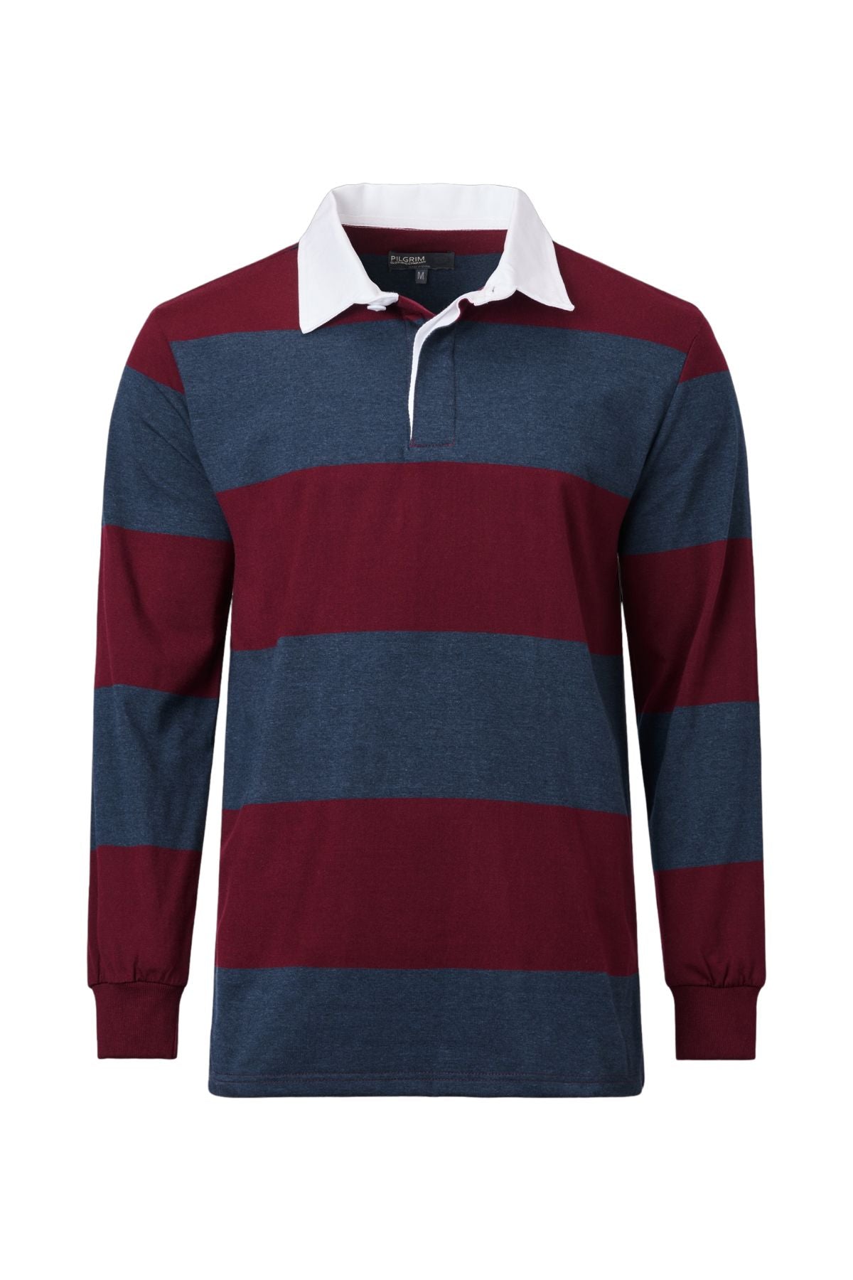 The Pilgrim Rugby Top showcases wide maroon and navy blue stripes, a white collar, and buttoned placket for classic style. A vintage sportswear staple, displayed on a plain white background.