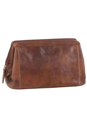 The Pierre Cardin Leather Toiletry Bag features genuine leather, a zipper closure, and a structured rectangular shape—ideal as a stylish travel organizer. Shown against a plain white background.