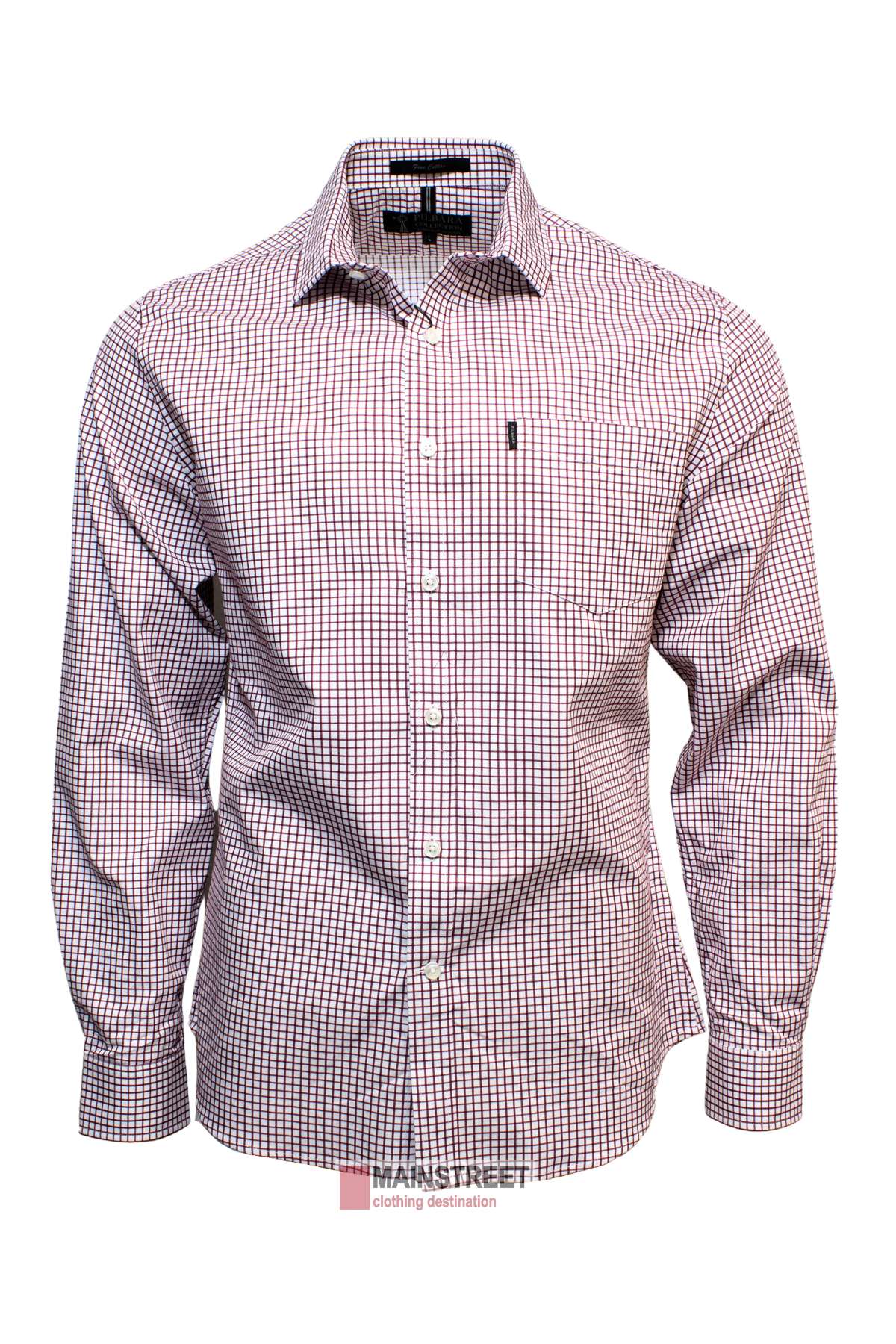The Pilbara Check Single Pocket Shirt is a versatile men's long-sleeve button-up work shirt featuring a small red and black checkered pattern on a white background. Made from 100% cotton, it includes a front chest pocket and white buttons, with the MAINSTREET clothing destination logo visible at the bottom center of the image.