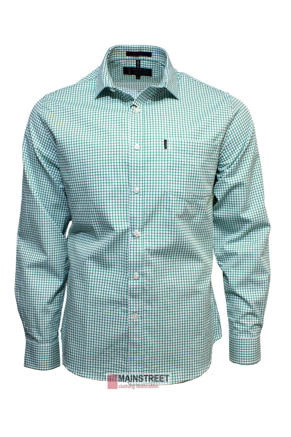 Introducing the Pilbara Check Single Pocket Shirt: a classic men's work shirt made from 100% cotton. This long-sleeve button-up features a green and white checkered pattern with a convenient front pocket on the left chest.