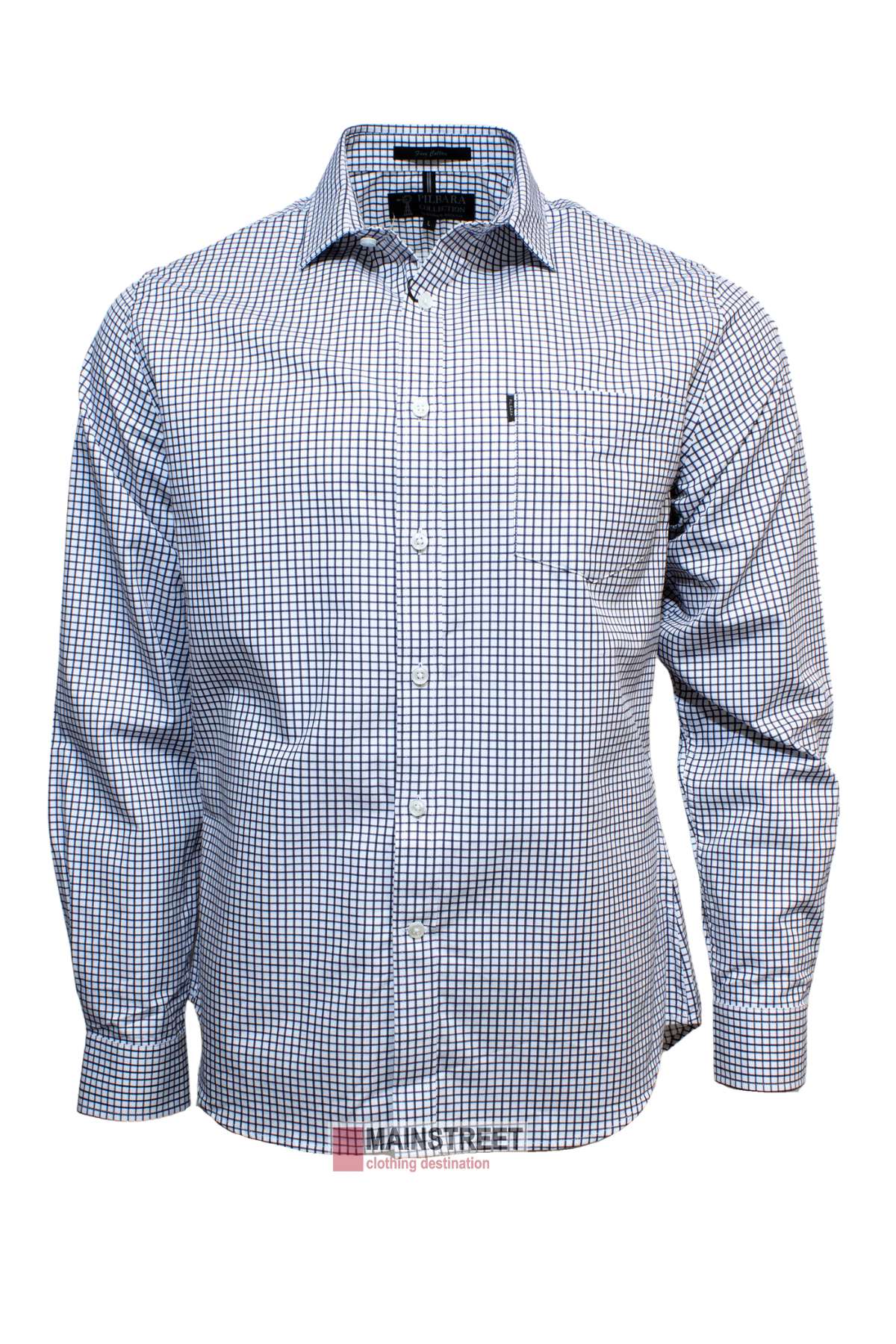 Introducing the Pilbara Check Single Pocket Shirt, a long-sleeve, button-up work shirt featuring a eye-catching blue and white checkered pattern. Crafted from 100% cotton, it includes a convenient front pocket on the left side of the chest and is finished with a classic collar. The backdrop of the image is white, and at the bottom you’ll find our label reading "MAINSTREET clothing destination.