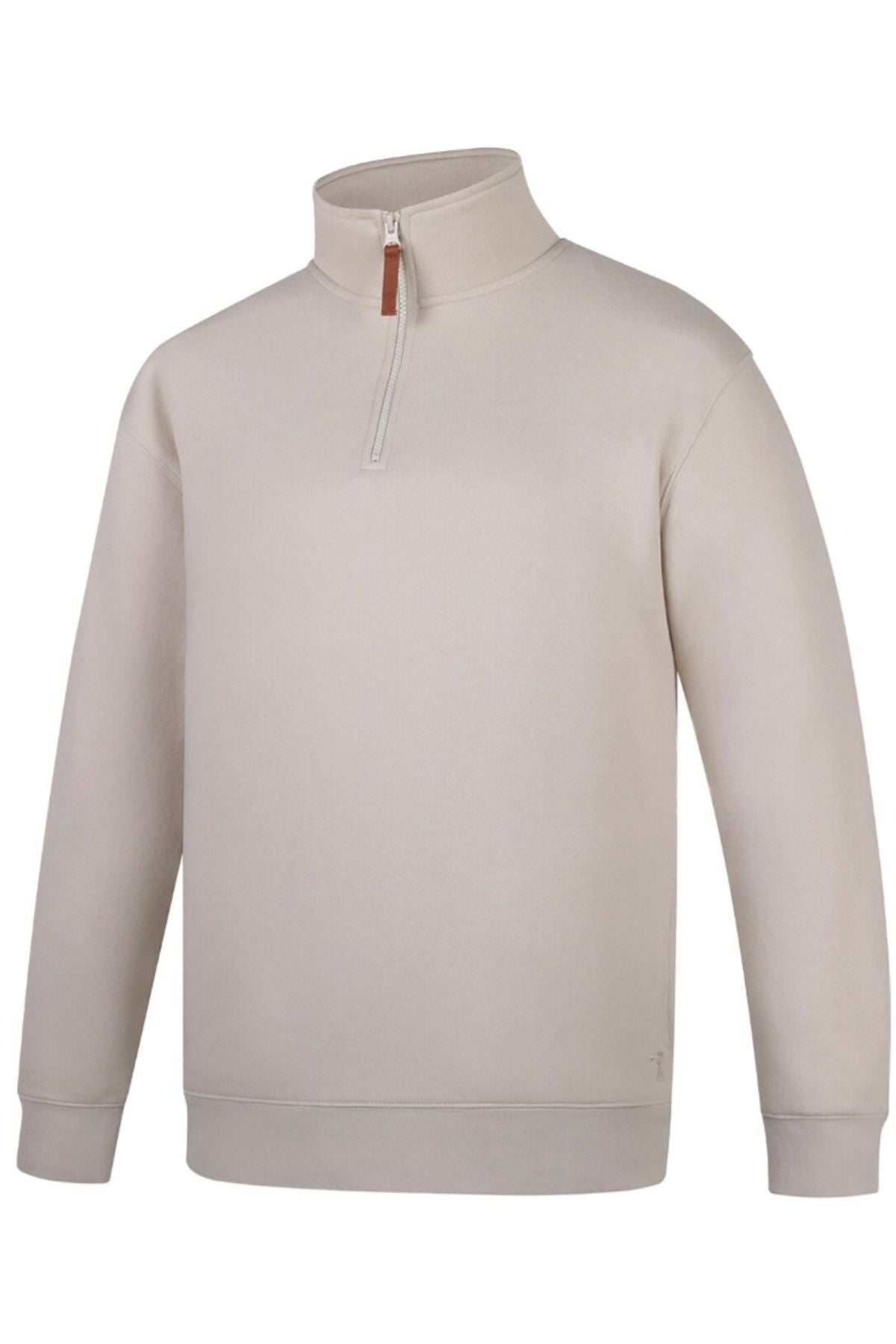 The Pilbara Classic Fleece Pullover is a light beige, long-sleeve sweatshirt with a stand-up collar and partial zipper with a brown pull tab. It features a relaxed fit, cozy fleece lining, and ribbed cuffs and hem for comfort.