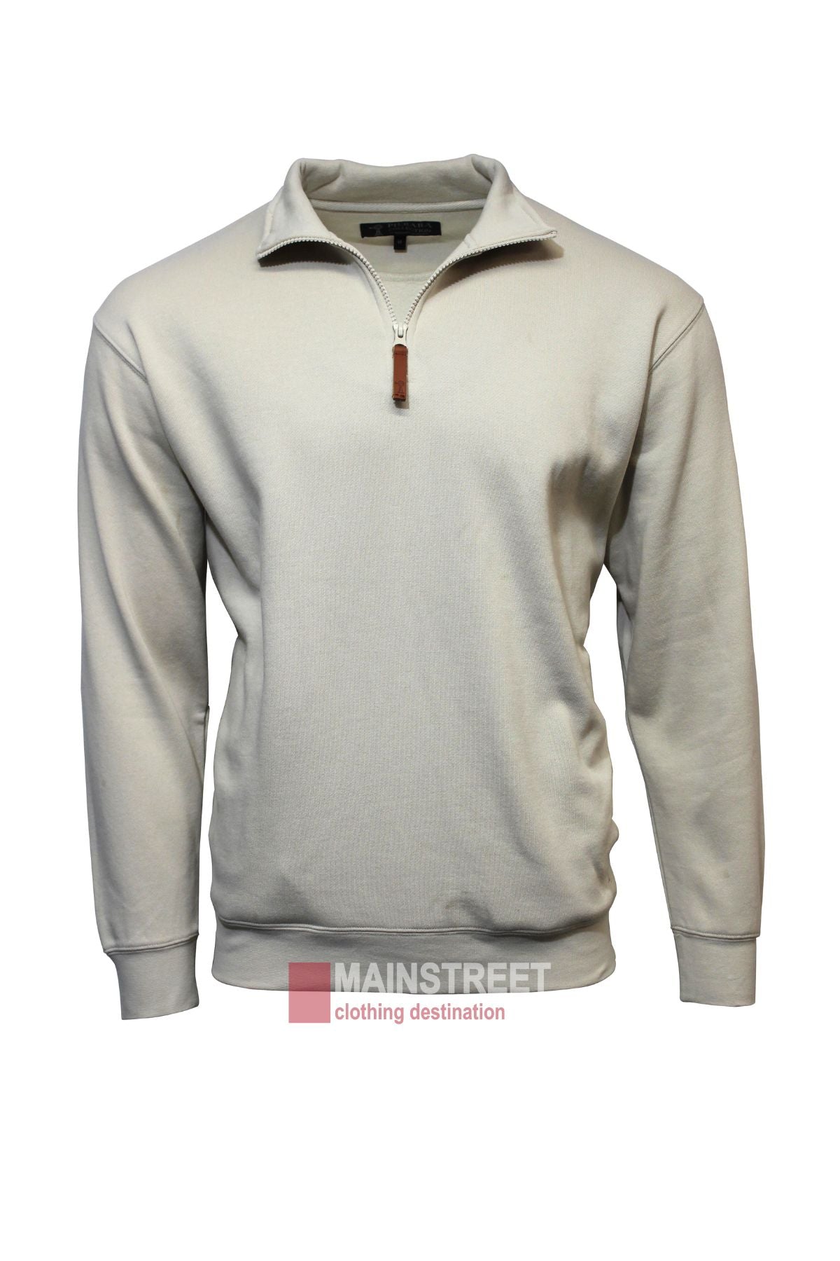 The Pilbara Classic Fleece Pullover features a light beige, long-sleeve design with cozy fleece lining and a leather zipper pull. Displayed on a white background with the Mainstreet Clothing Destination logo at the bottom.