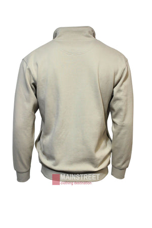 Back view of a plain, light beige Pilbara Classic Fleece Pullover with long sleeves and a high collar on a white background. Features a soft fleece lining and a subtle MAINSTREET logo watermark at the bottom.