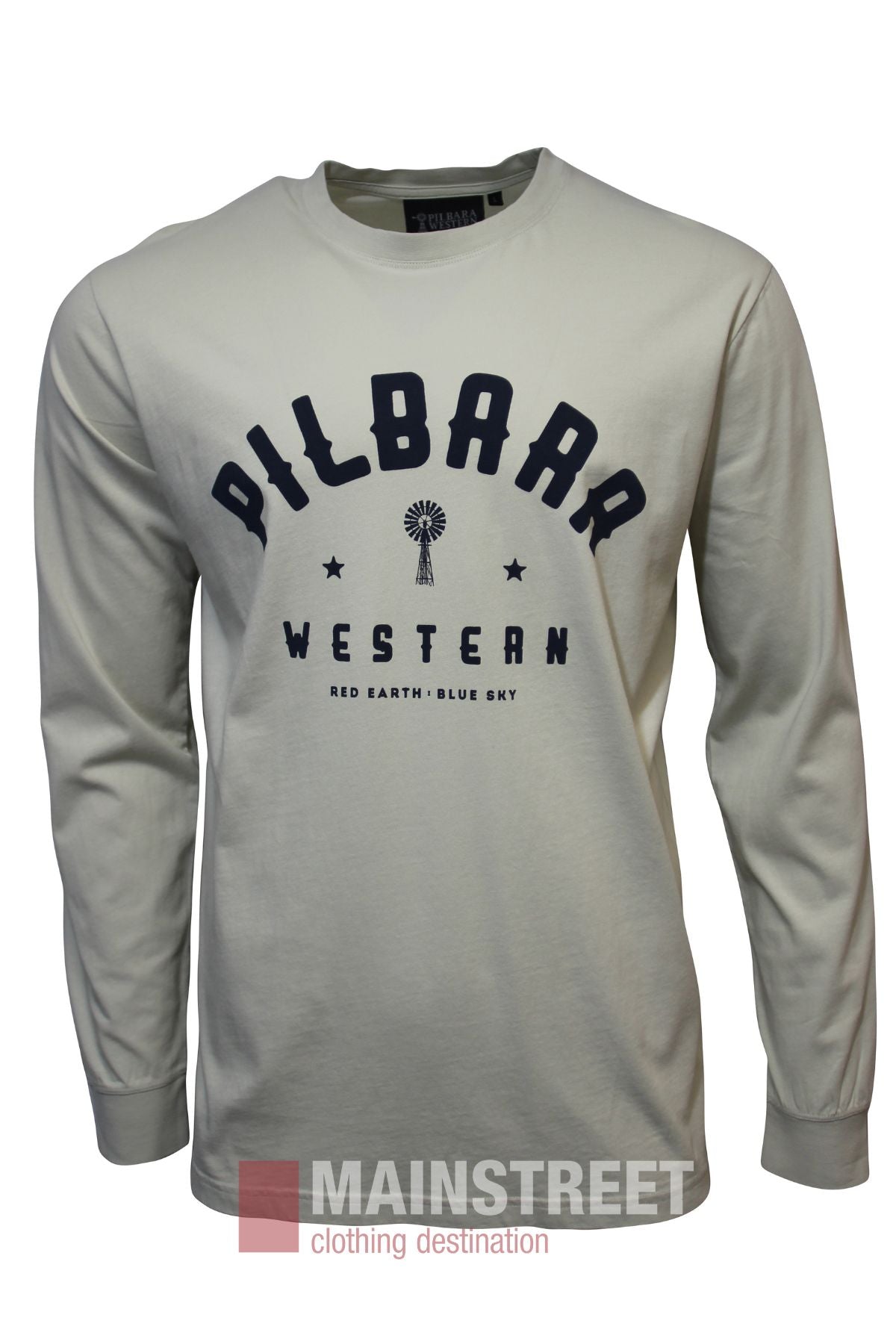 The Pilbara Classics Long Sleeve T-Shirt is 100% cotton in cream, with elastic cuffs, “PILBARRA WESTERN” and a windmill graphic on the chest, and “RED EARTH - BLUE SKY” in bold black letters below.