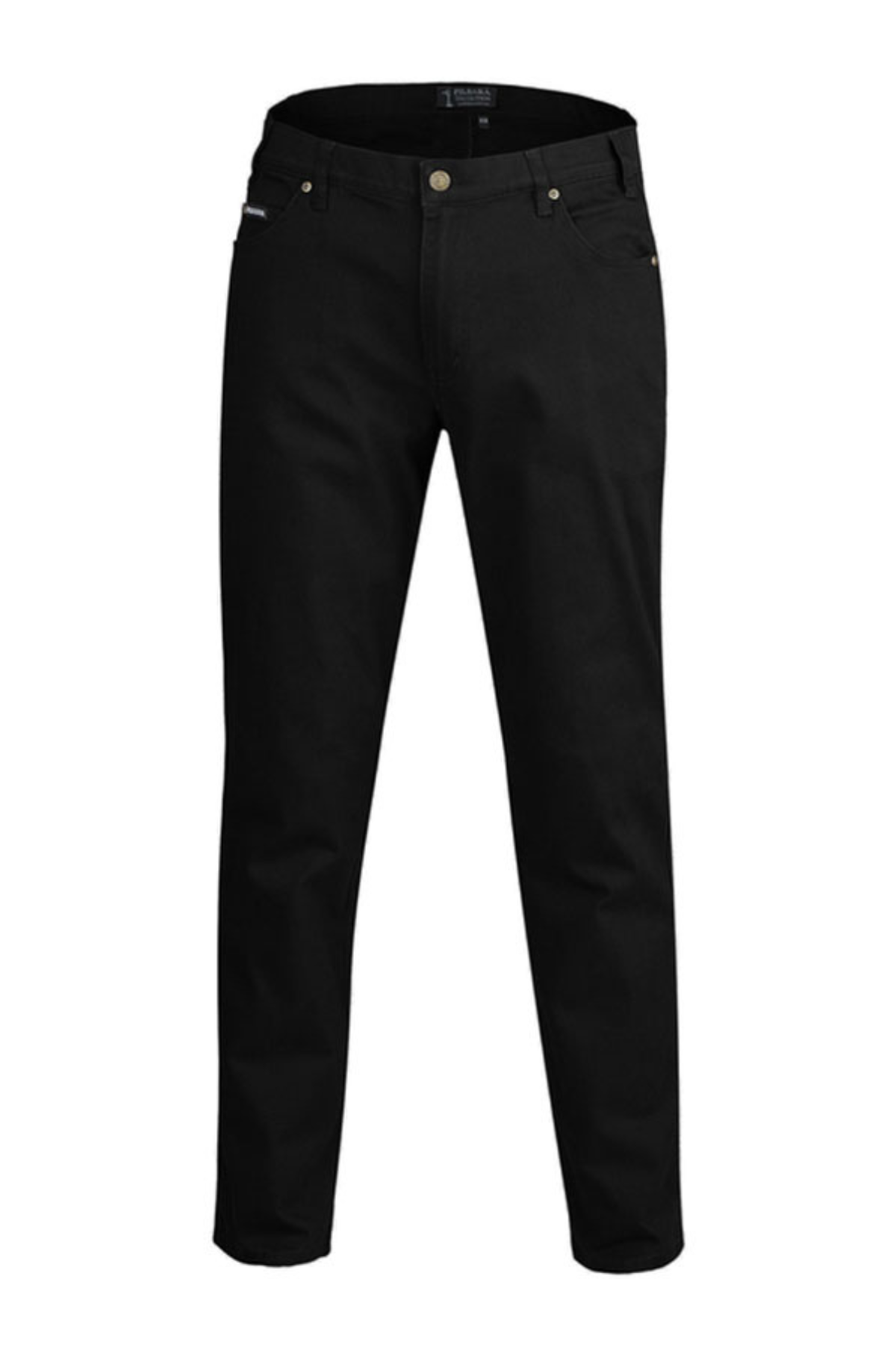 The Pilbara Cotton Stretch Jean features a plain black straight-leg design, gold button and rivets, and five pockets, shown against a white background.