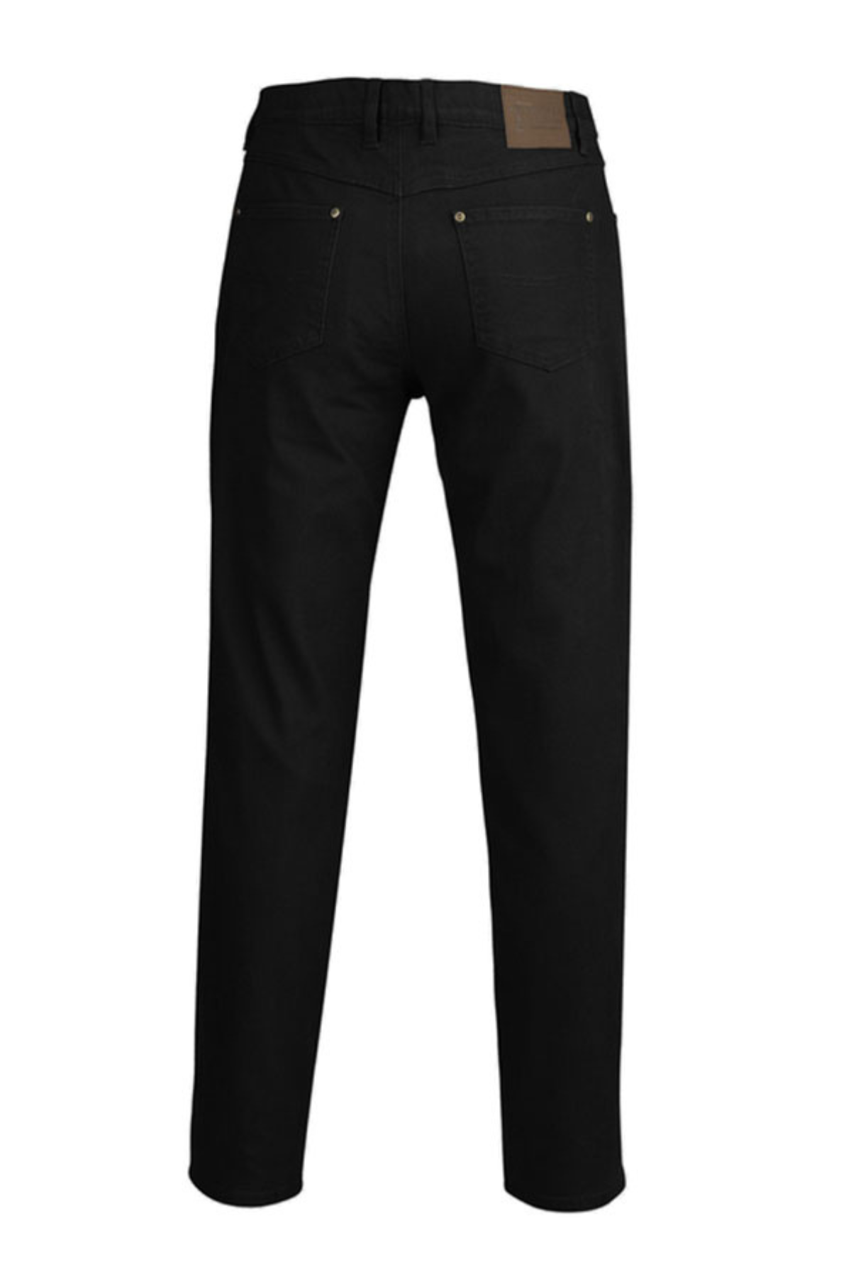 A pair of black Pilbara Cotton Stretch Jeans shown from the back with two rear pockets, belt loops, a brown leather patch, and a straight-leg fit. Made from cotton stretch twill for classic, comfortable style.
