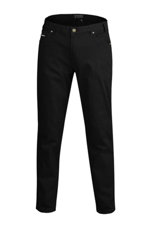 The Pilbara Cotton Stretch Jean features a plain black straight-leg design, gold button and rivets, and five pockets, shown against a white background.
