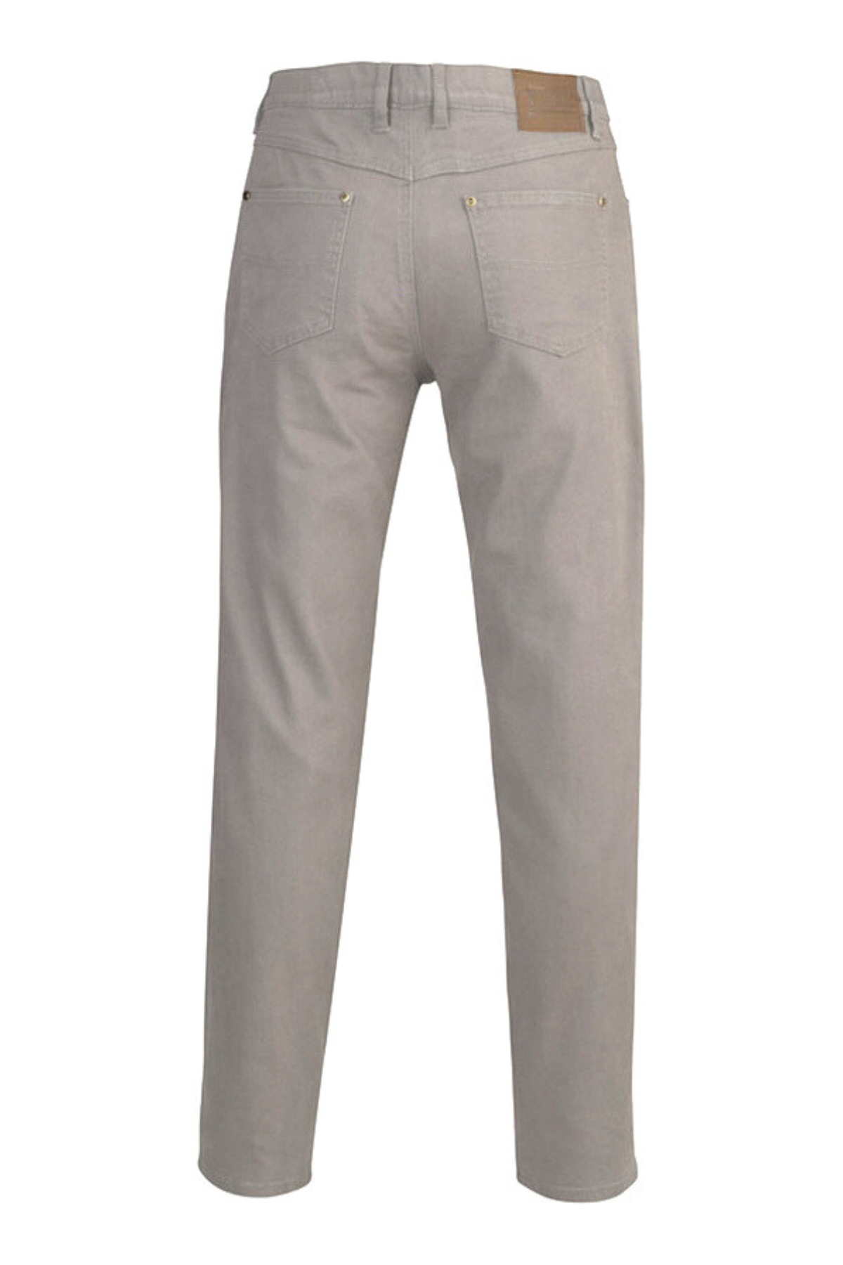 The Pilbara Cotton Stretch Jean is shown from the back in light gray with two back pockets, gold rivet accents, and a brown leather waistband patch. These straight-leg cotton stretch jeans are displayed against a white background.